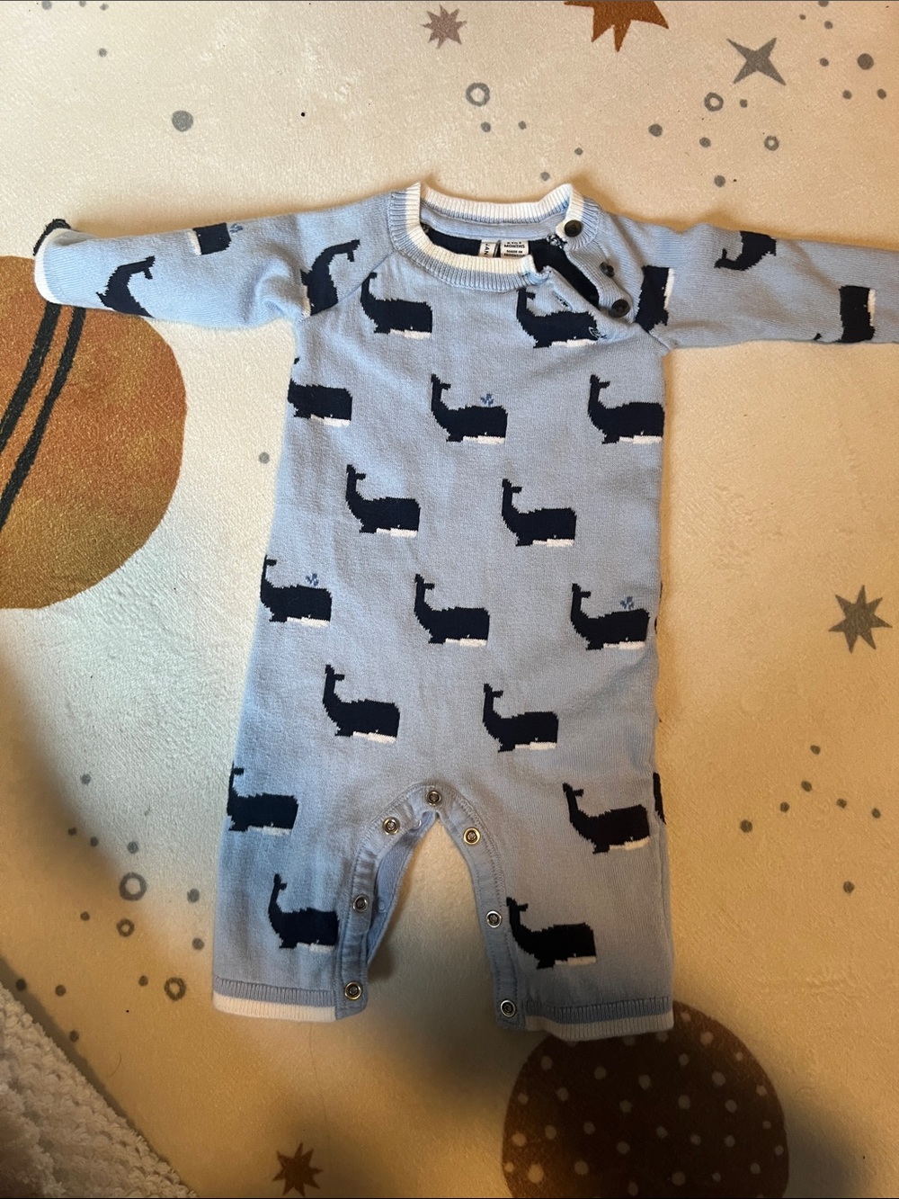 Janie and Jack Light Blue Knit Whale Print Romper
